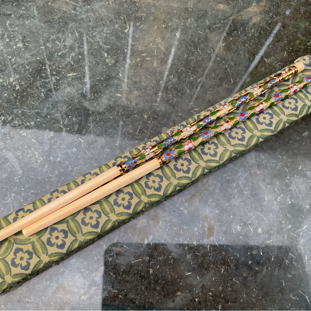 Vintage Cloisonné Gold Chinese Chopsticks Bone Floral Enamel w/ Box 8"